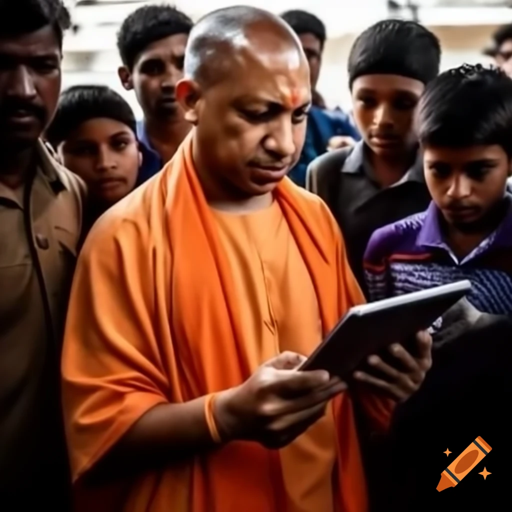 Yogi adityanath distributing tablets to students in need on craiyon