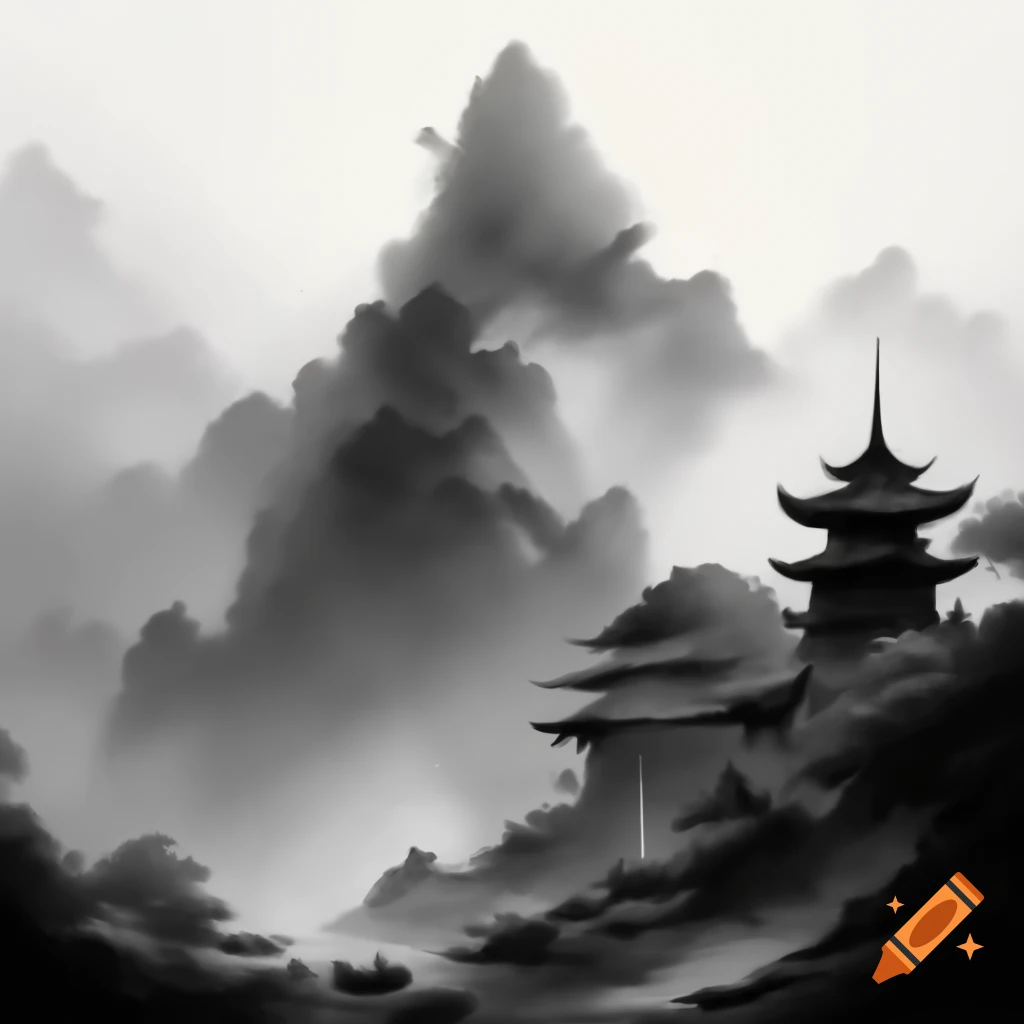 Monochrome ink drawing of misty mountain with Shaolin temple, capturing traditional beauty