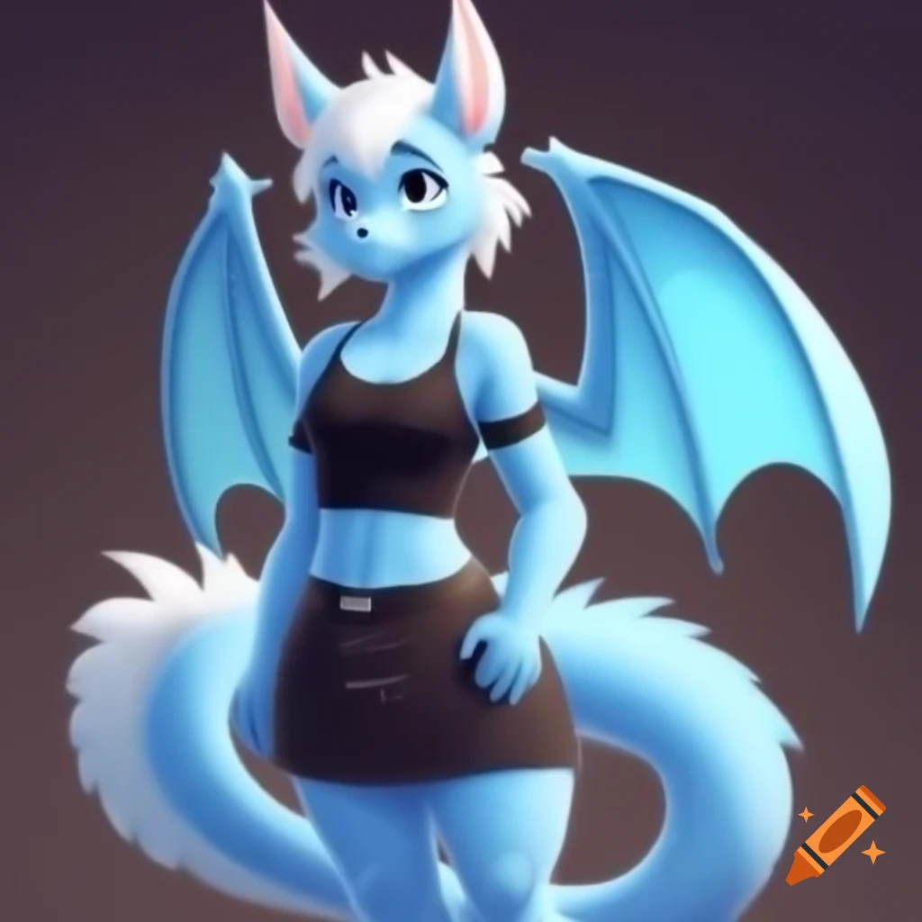 Light blue dragon furry character with wings and black attire posing shyly