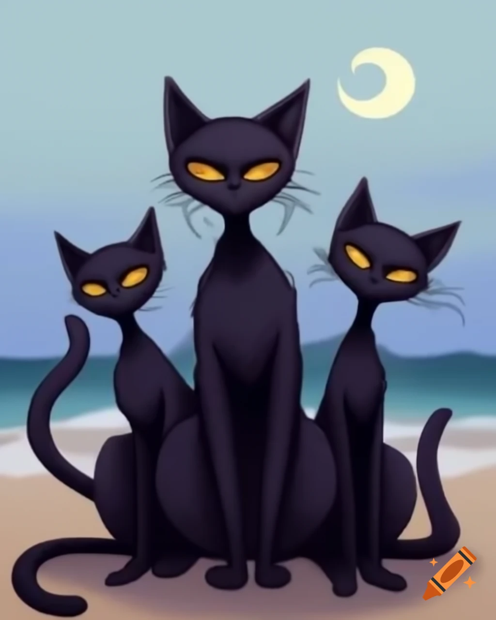 Beach scene with black cats featuring glowing eyes
