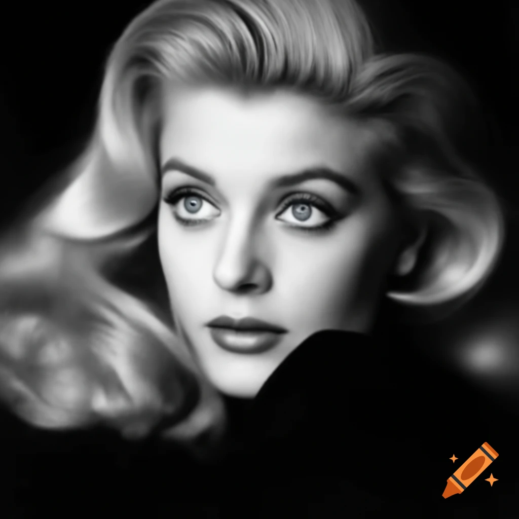 Hyper-realistic black and white photograph of a charming European actress from 1963