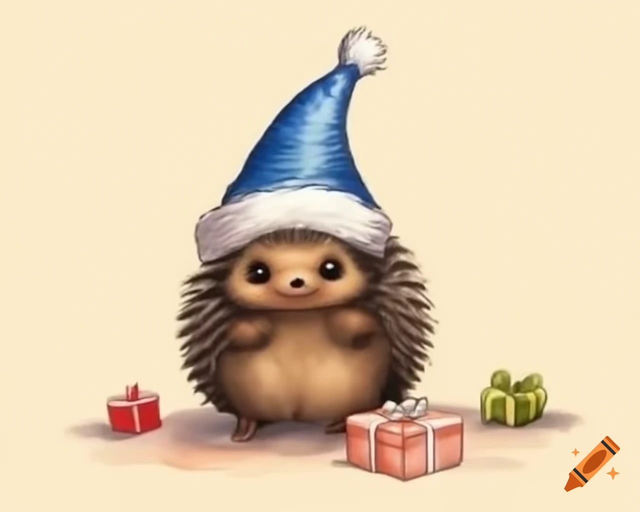 Baby echidna in blue Christmas hat unwrapping gift, watercolor storybook style