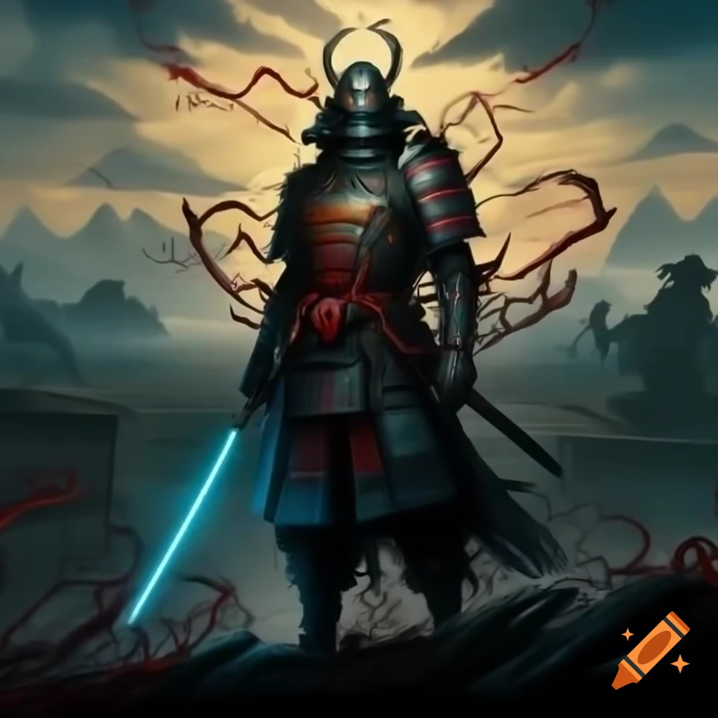 Cybernetic samurai in neon armor gazing over vast battlefield landscape with mountains