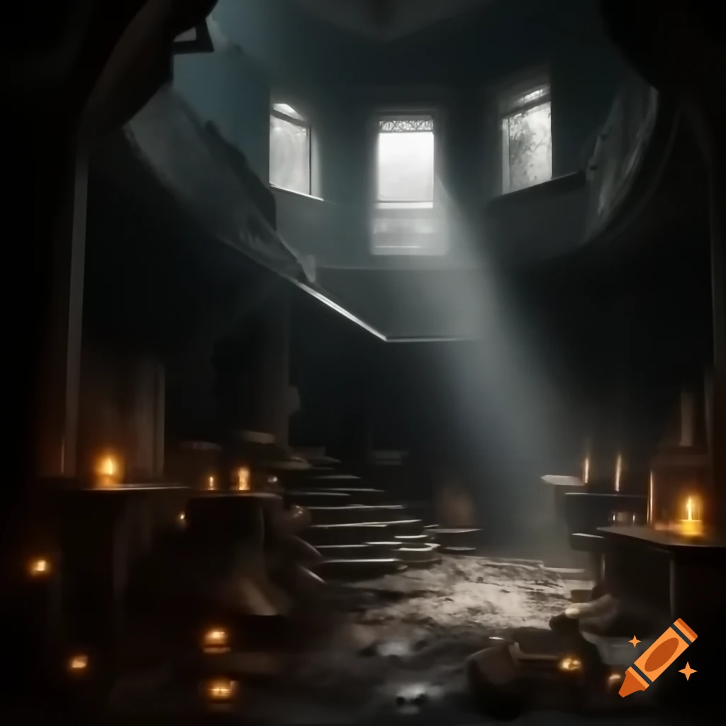 Dark and eerie scene in abandoned mansion with thick fog and flickering candles