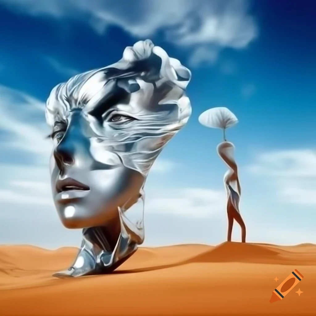 Surreal 2000s photography featuring silver statue of a woman in desert with cloudy sky