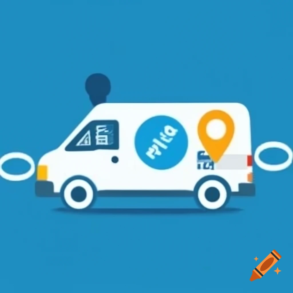 Stylized Luton van at GPS location pin representing mobile logistics