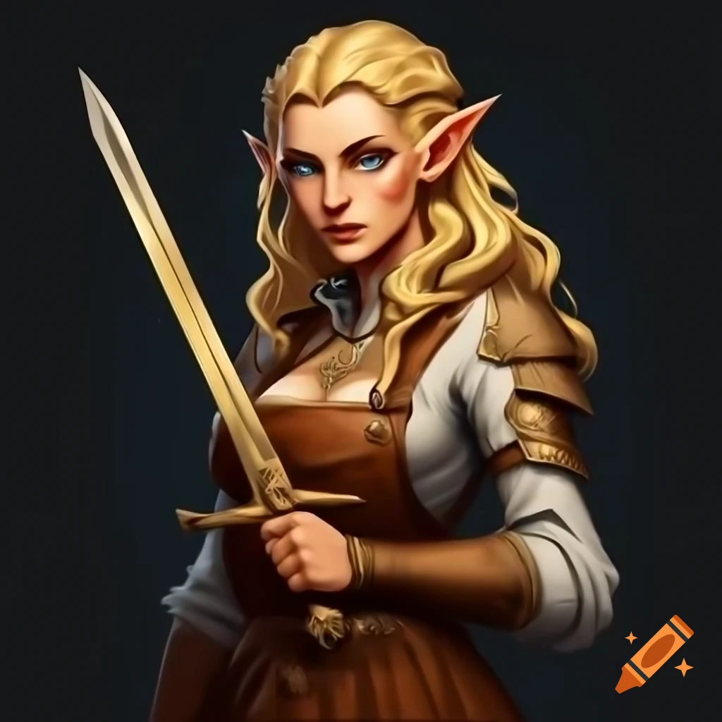 Digital female high elf forging golden sword in medieval setting