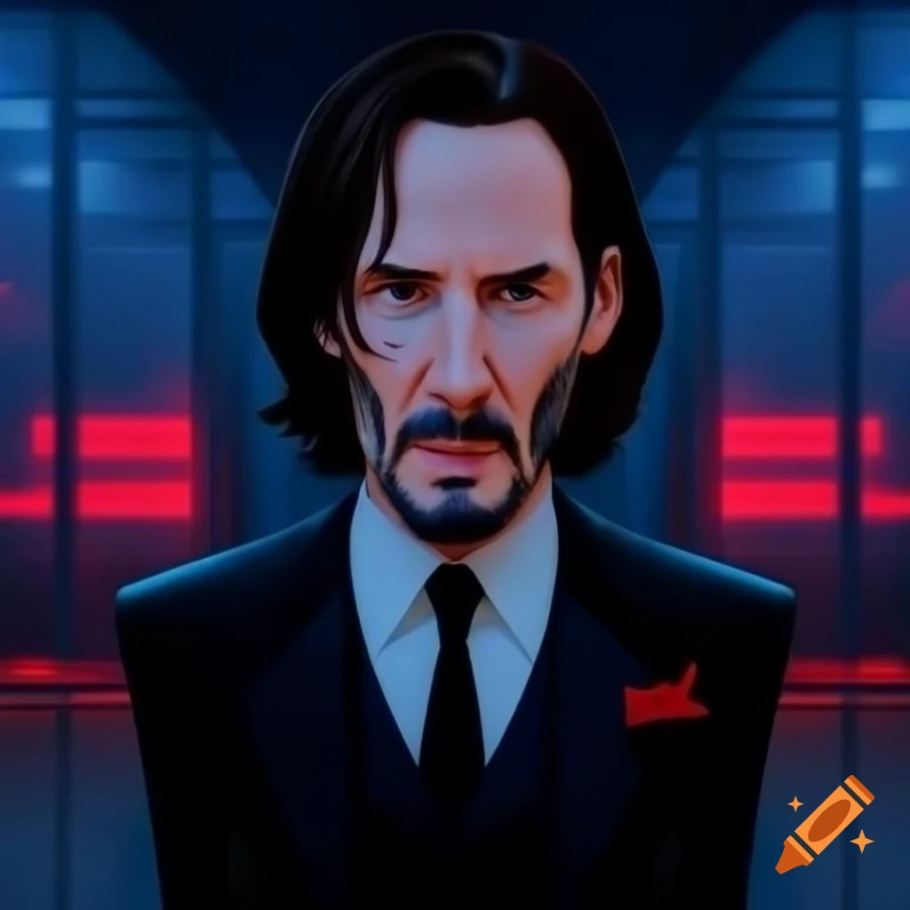 Cartoon caricature of John Wick in sleek black suit with intense expression