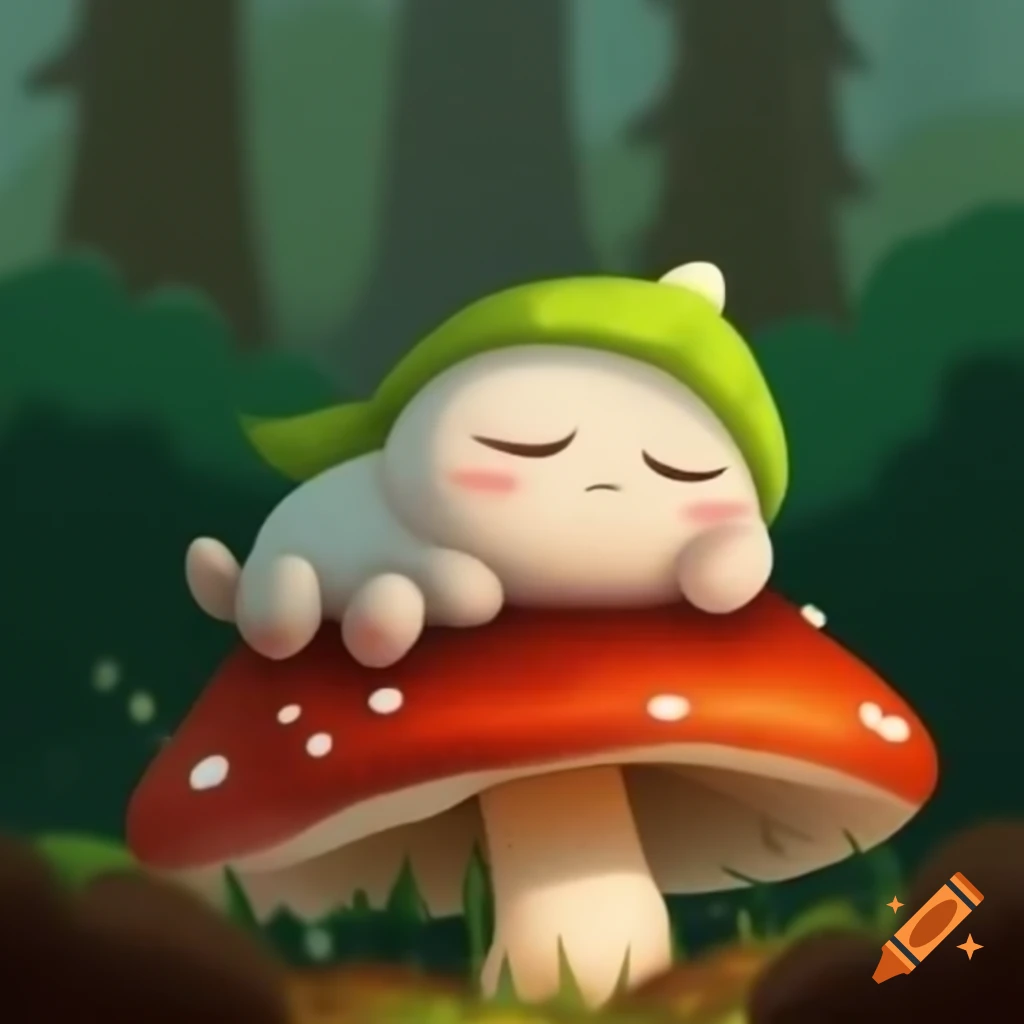 Cute creature sleeping on mushroom in forest
