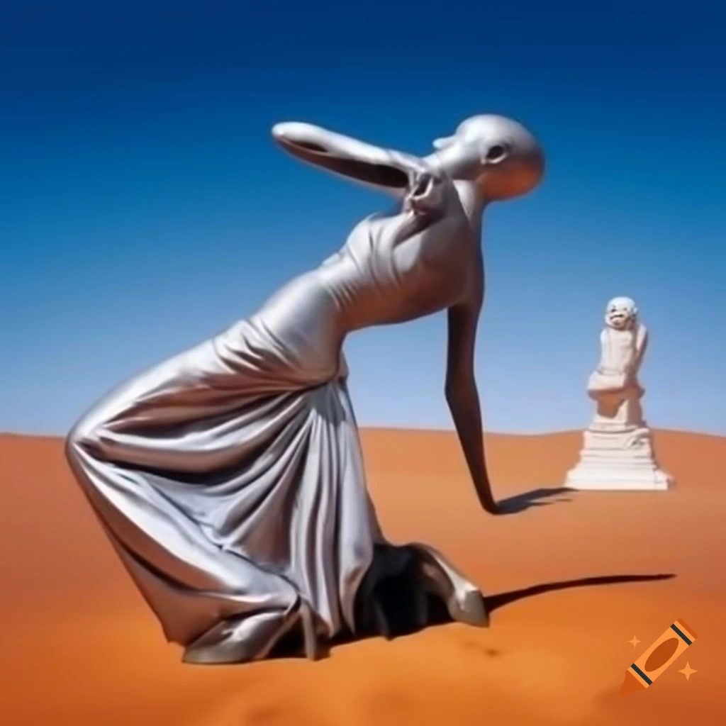 Pop surreal photography of silver statue woman in stone desert