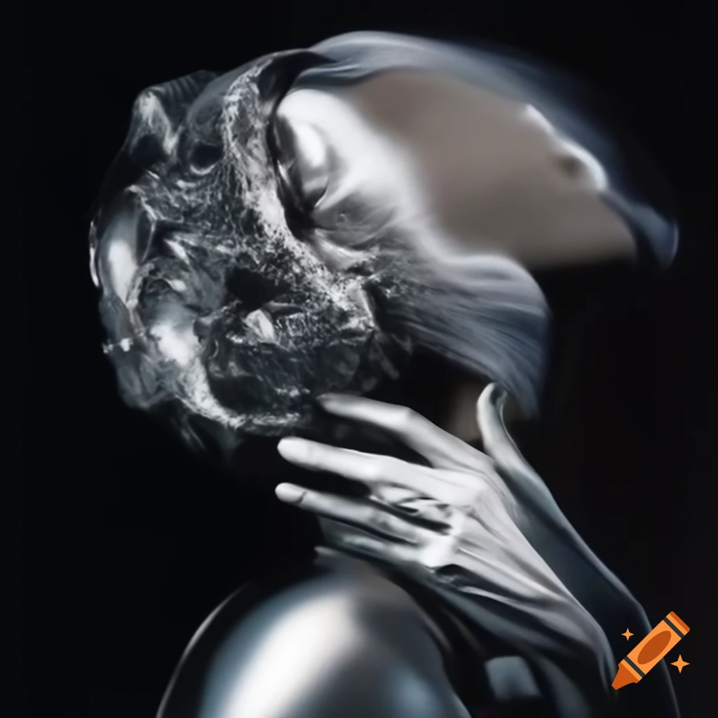 Pop surreal 2000's photography featuring a woman as a silver statue