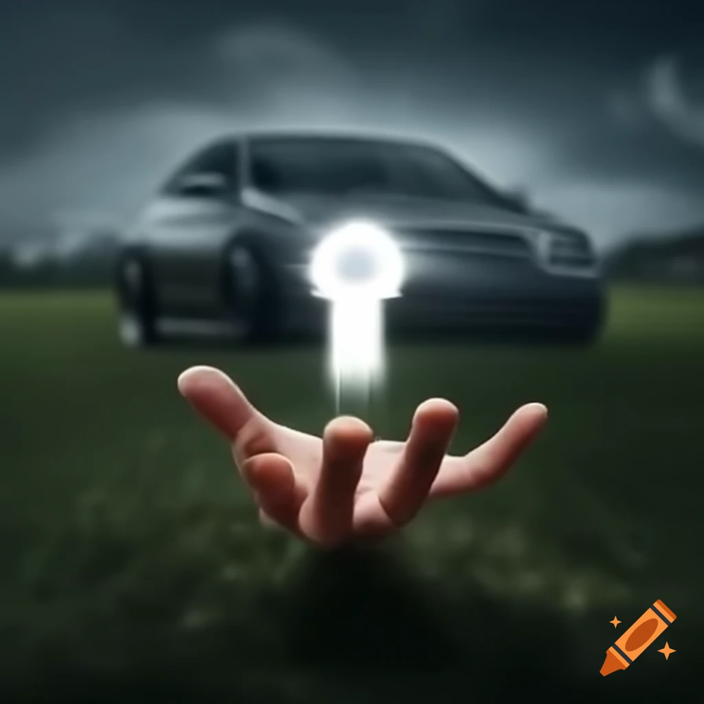 Hand emerging from grave beside sports car