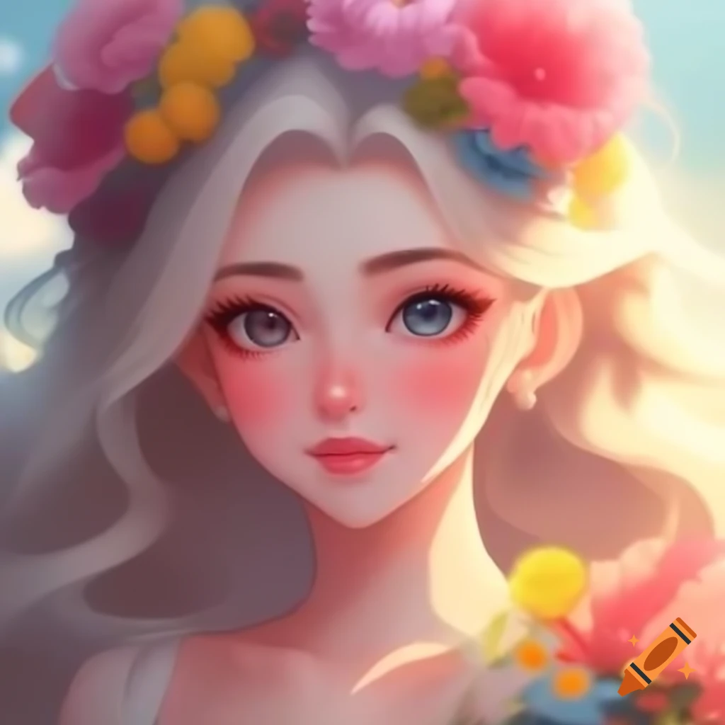 Anime-style portrait of a woman with flower crown and serene expression