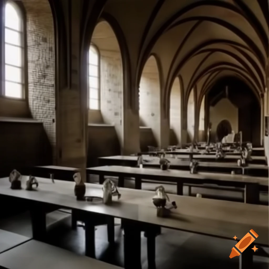 Monastery dining hall featuring long stone tables and chairs