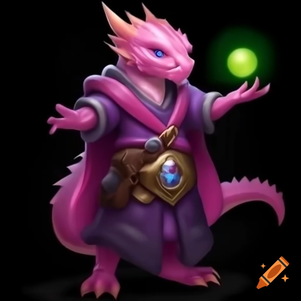 Pink dragonkin warlock in purple robe holding an orb, Dungeons and Dragons style