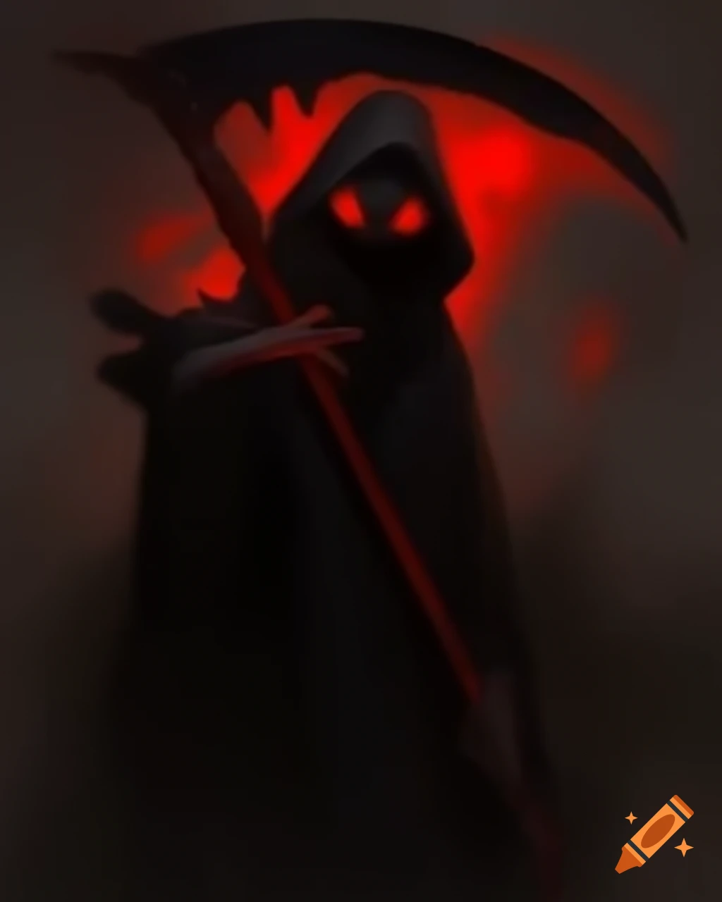 Shadowy figure with scythe and glowing red embers
