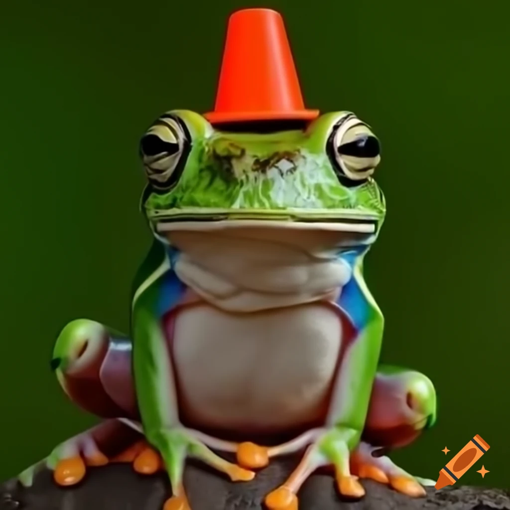 Frog wearing a traffic cone on its head