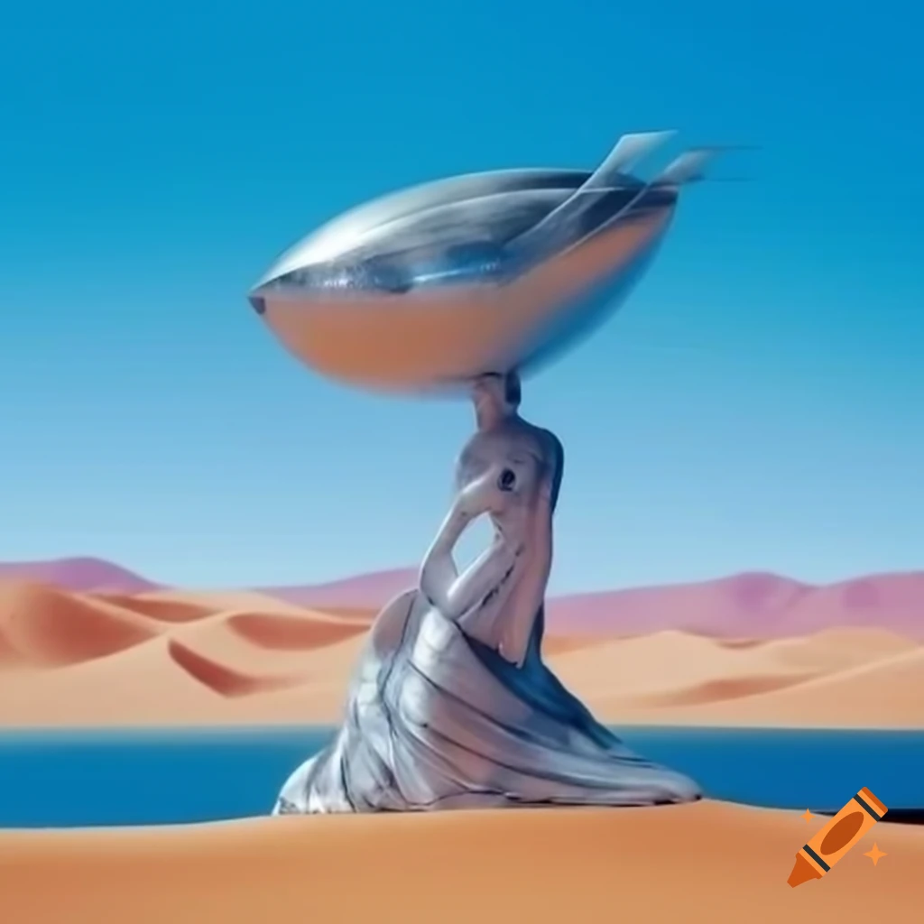 Pop surreal photography of silver statue woman in desert with blue lake