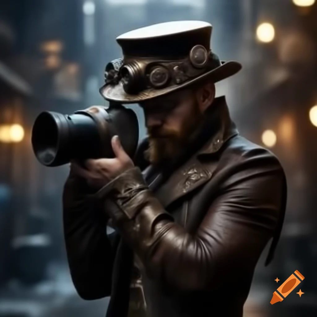 Steampunk male photographer with vintage camera and accessories