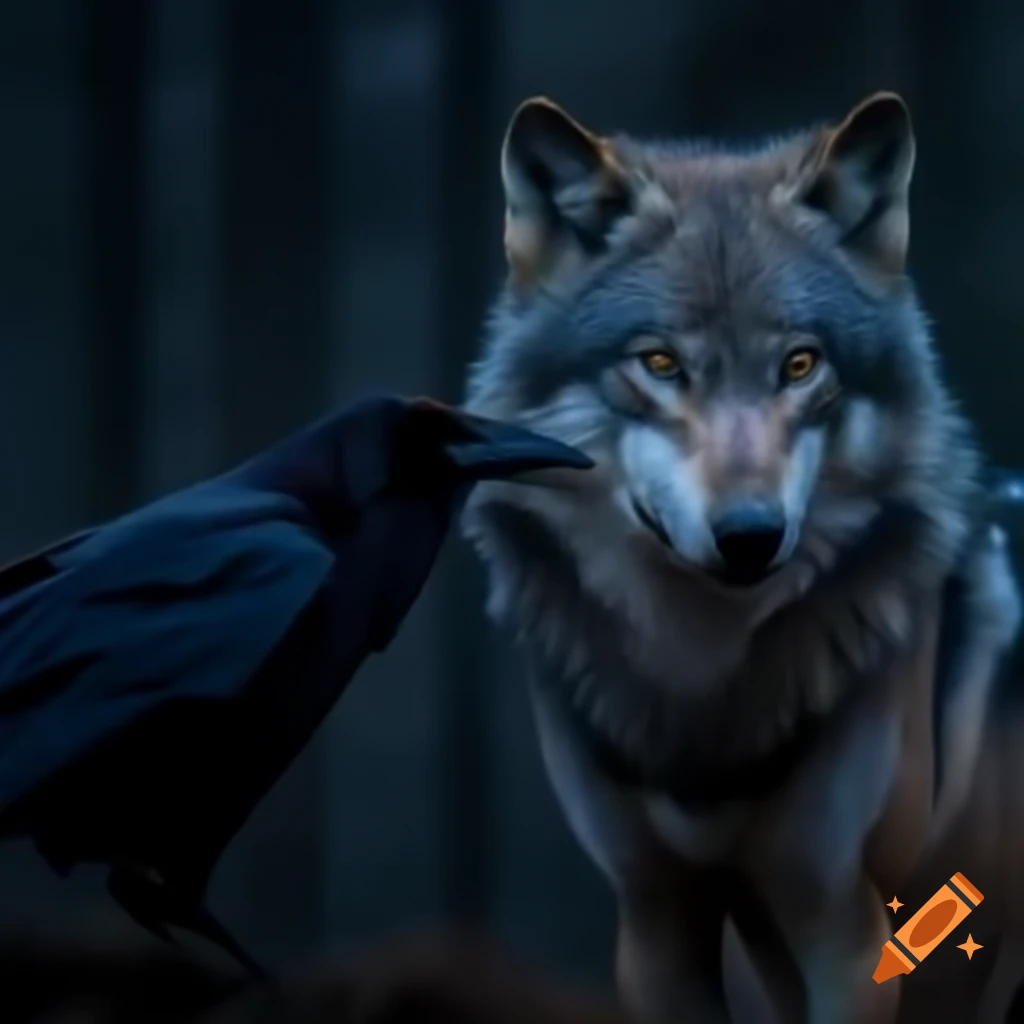 Cunning wolf and watchful crow in tense standoff, dramatic shadows