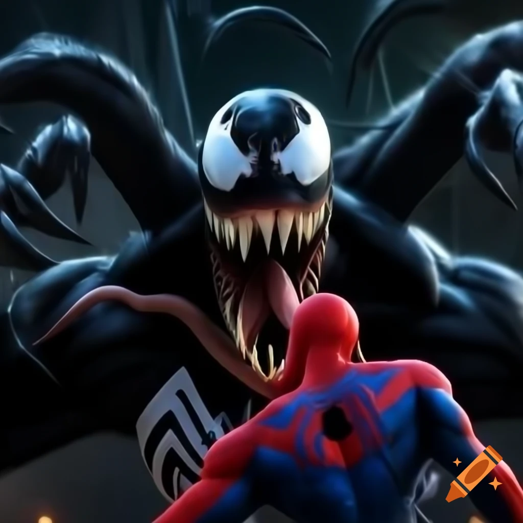 Venom and Spiderman battling Knull in dynamic action scene