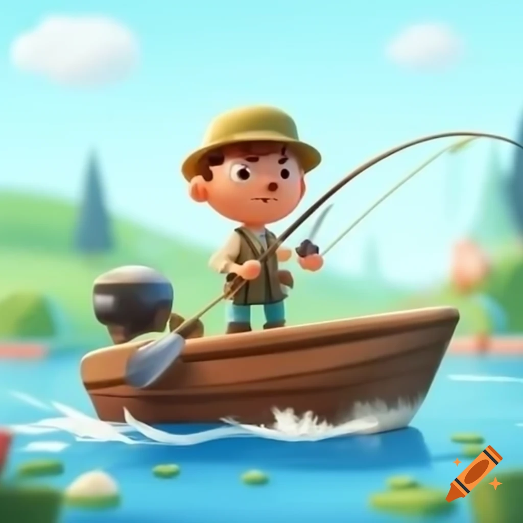 Cartoon character fishing on a boat in 2D style