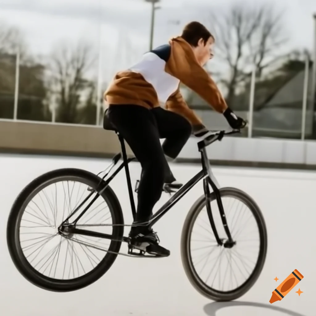 Hockey player on skates riding a bicycle