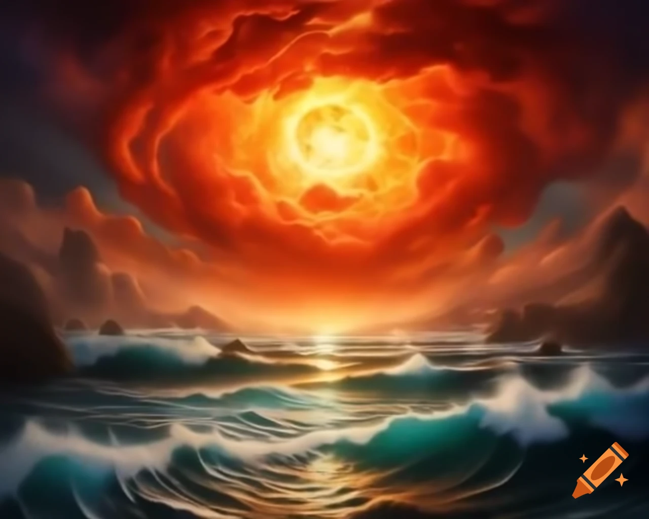 Intricate neo-hyperrealism artwork showcasing fire and water contrast