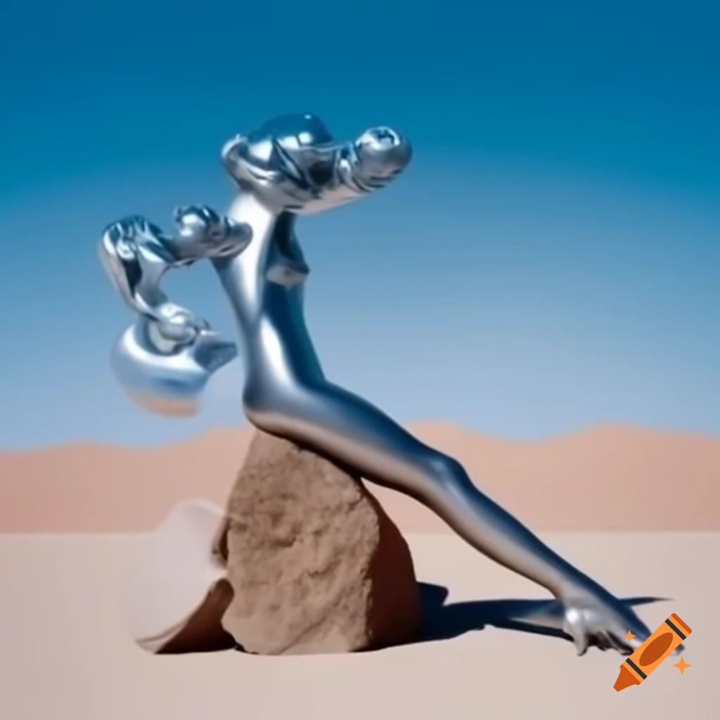 Pop surreal photography featuring silver statue of a woman in stone desert, 2000s style