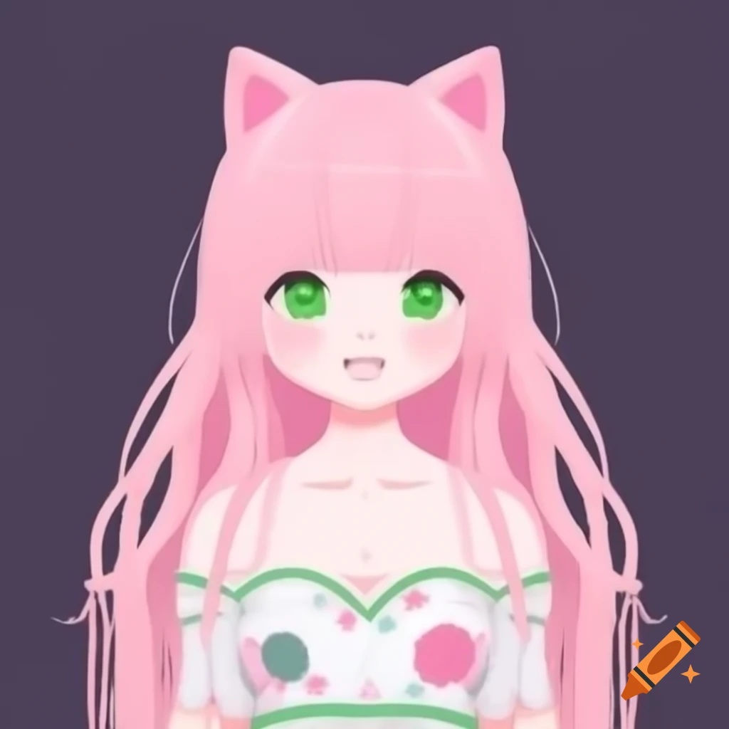 Female character with pink hair, green eyes, cat ears, and floral dress