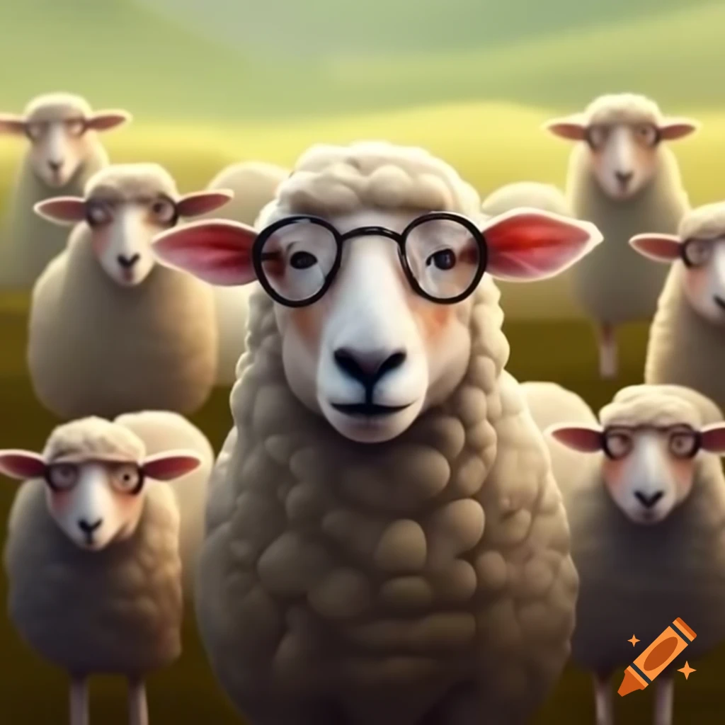 Group of sheep wearing glasses in a field