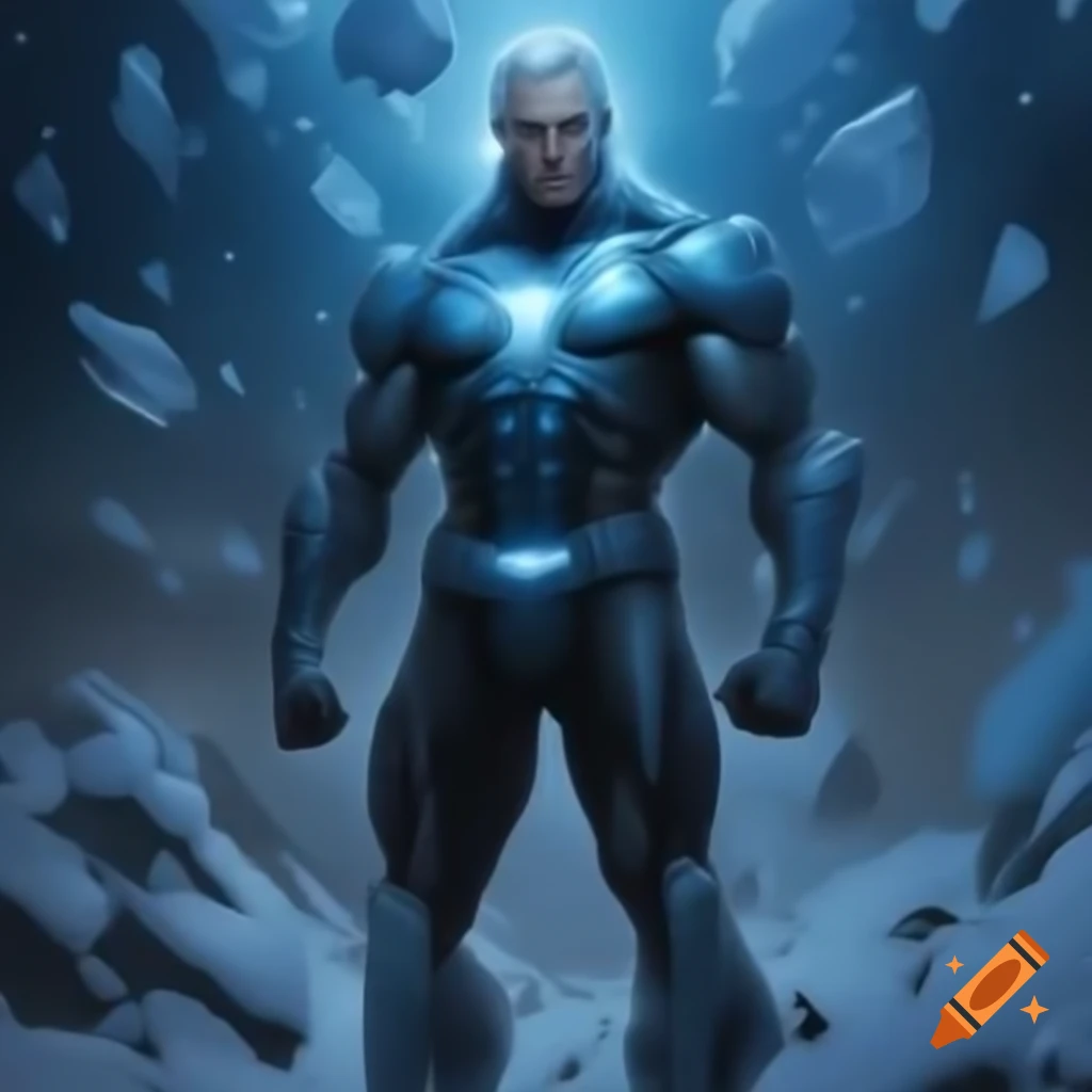 Superhero in high-tech icy blue and silver suit standing confidently