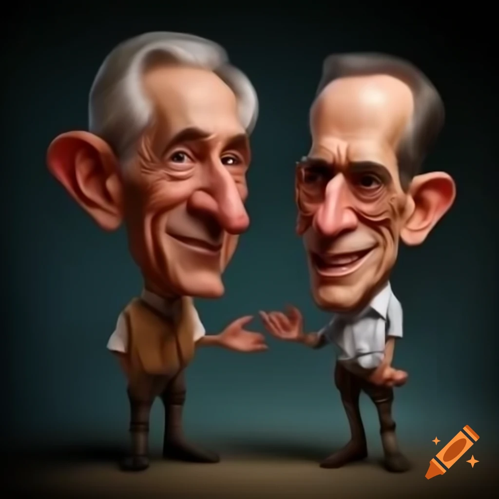 Two caricature models smiling and conversing with vivid details