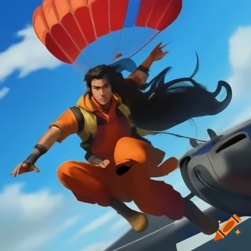 Thrill seeker parachuting from plane in red and orange jumpsuit