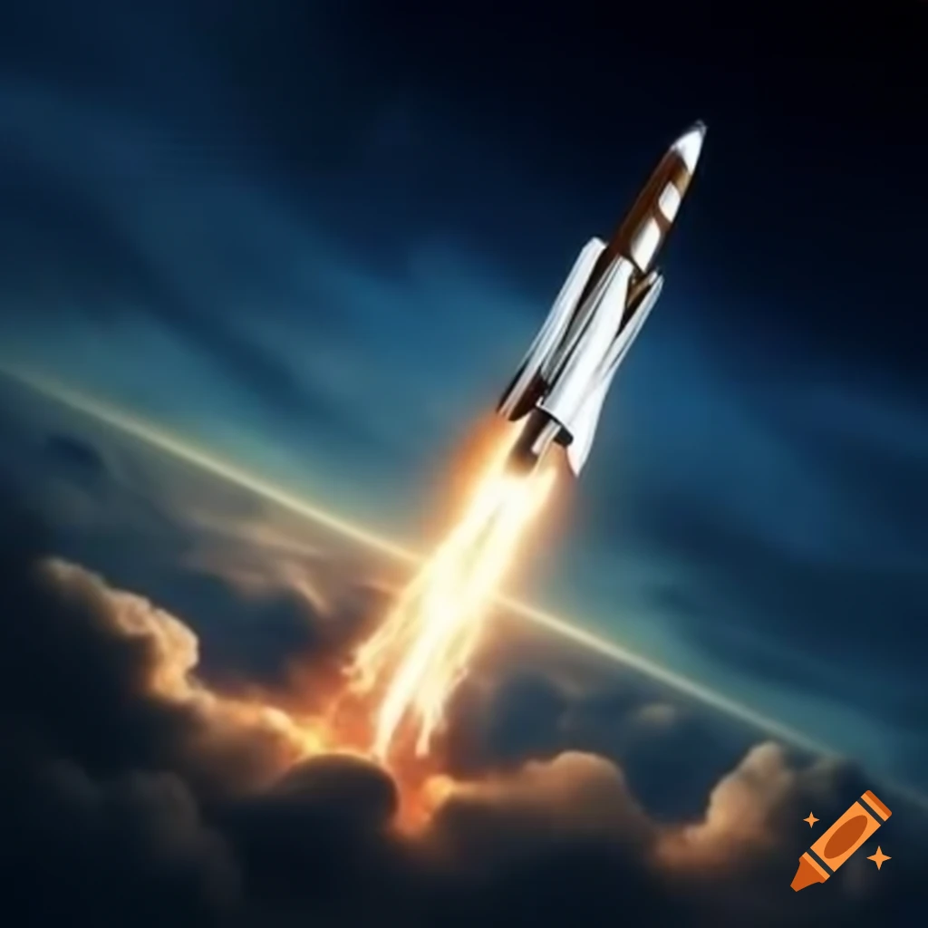 Rocket soaring into night sky with fiery trail