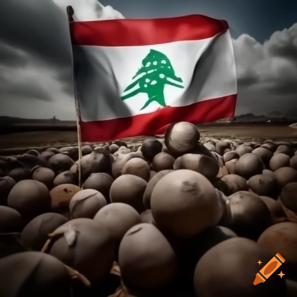 Scene depicting the impact of conflict with bombs and homeless children, featuring Lebanon flag in the sky