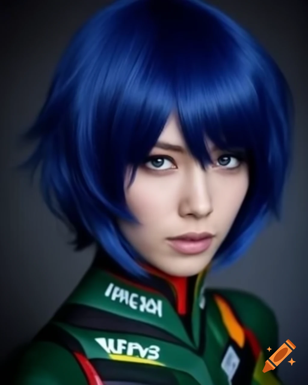 German woman cosplaying as elfic alchemist with blue hair at Comiket, ultra-realistic details