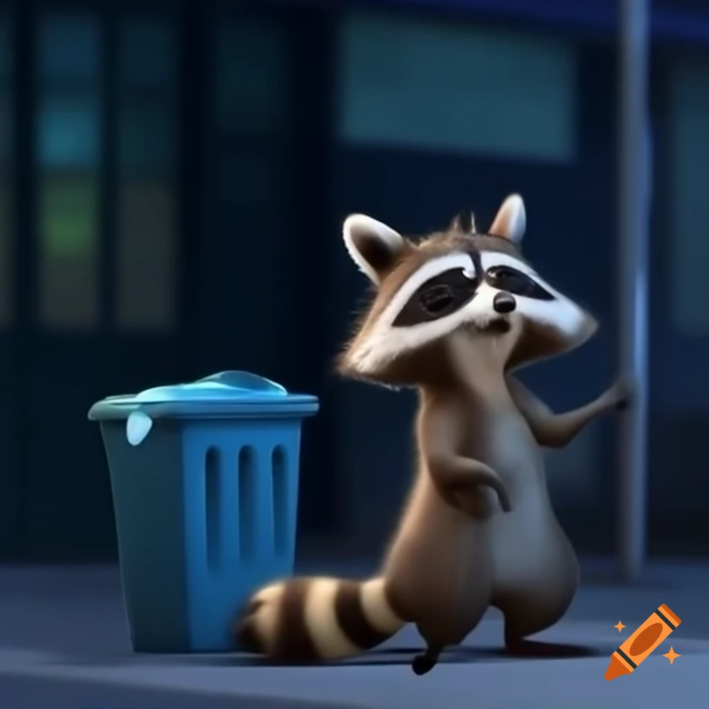 Mischievous raccoon rummaging through city trash bins at night