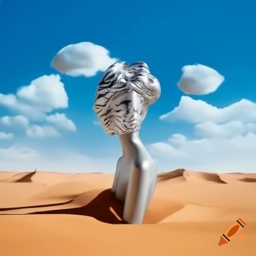 Surreal 2000s photography featuring silver statue of a woman in desert with cloudy sky