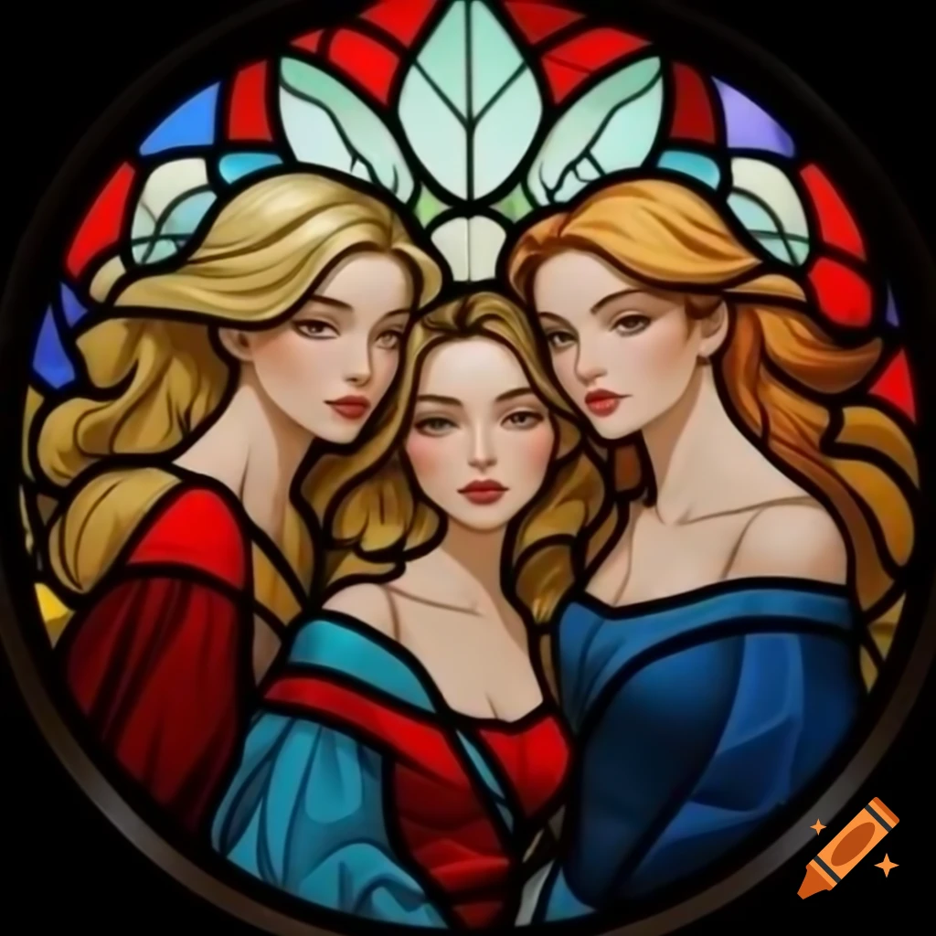 Vibrant stained glass window depicting three ladies with flowing blonde hair