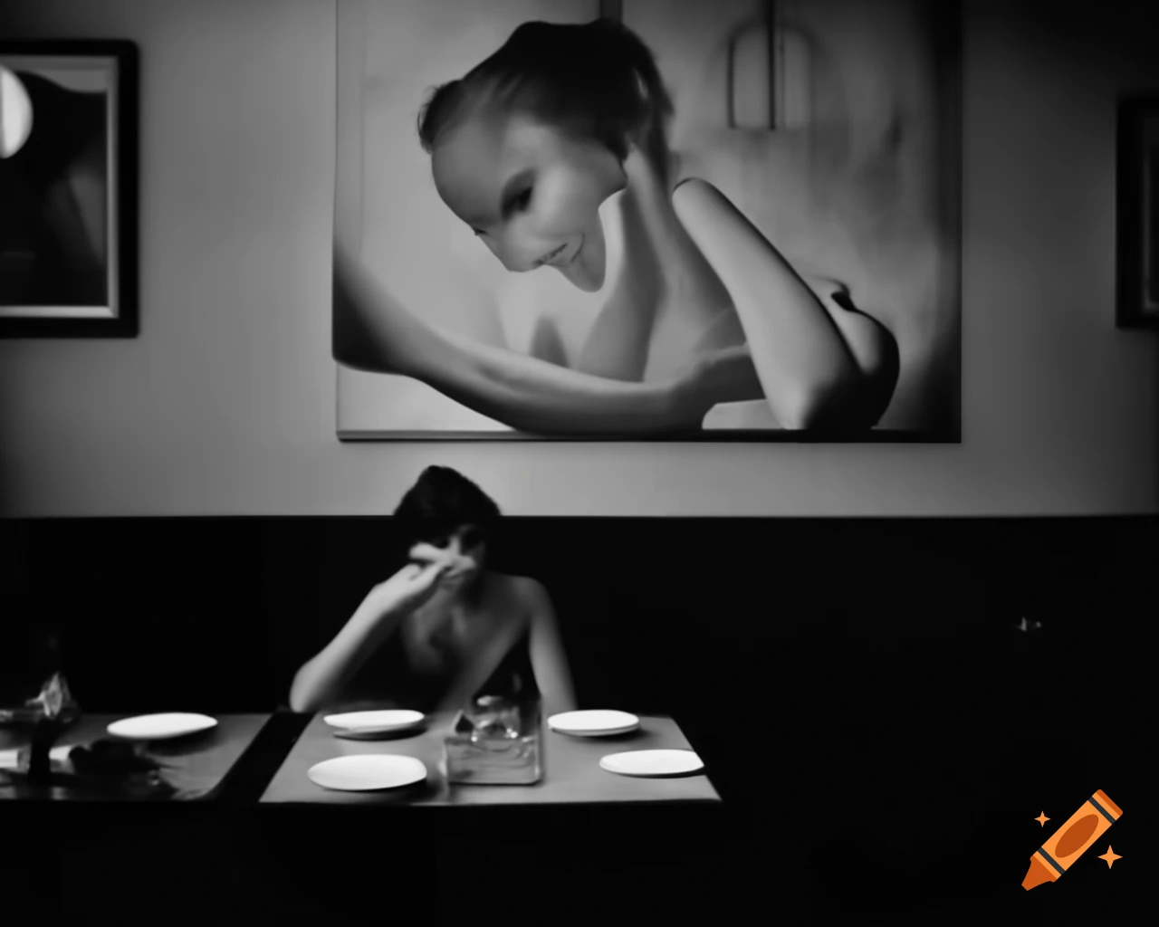 Surreal depiction of a woman sitting at a restaurant table in Dali style