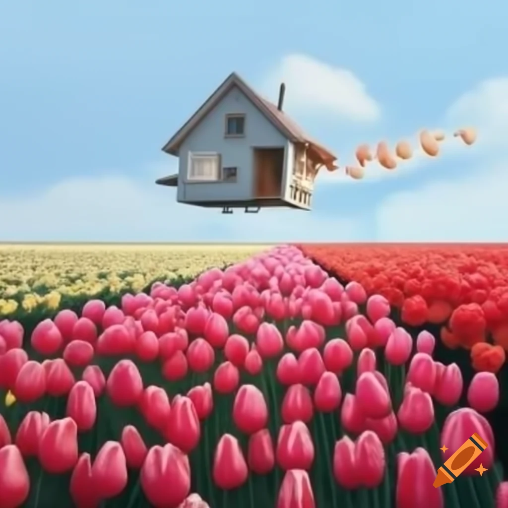 Surreal flying house surrounded by colorful tulips