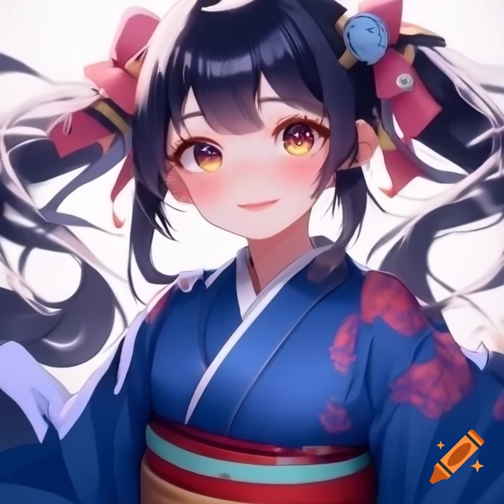 Anime girl in vibrant-blue kimono gazing warmly at the camera