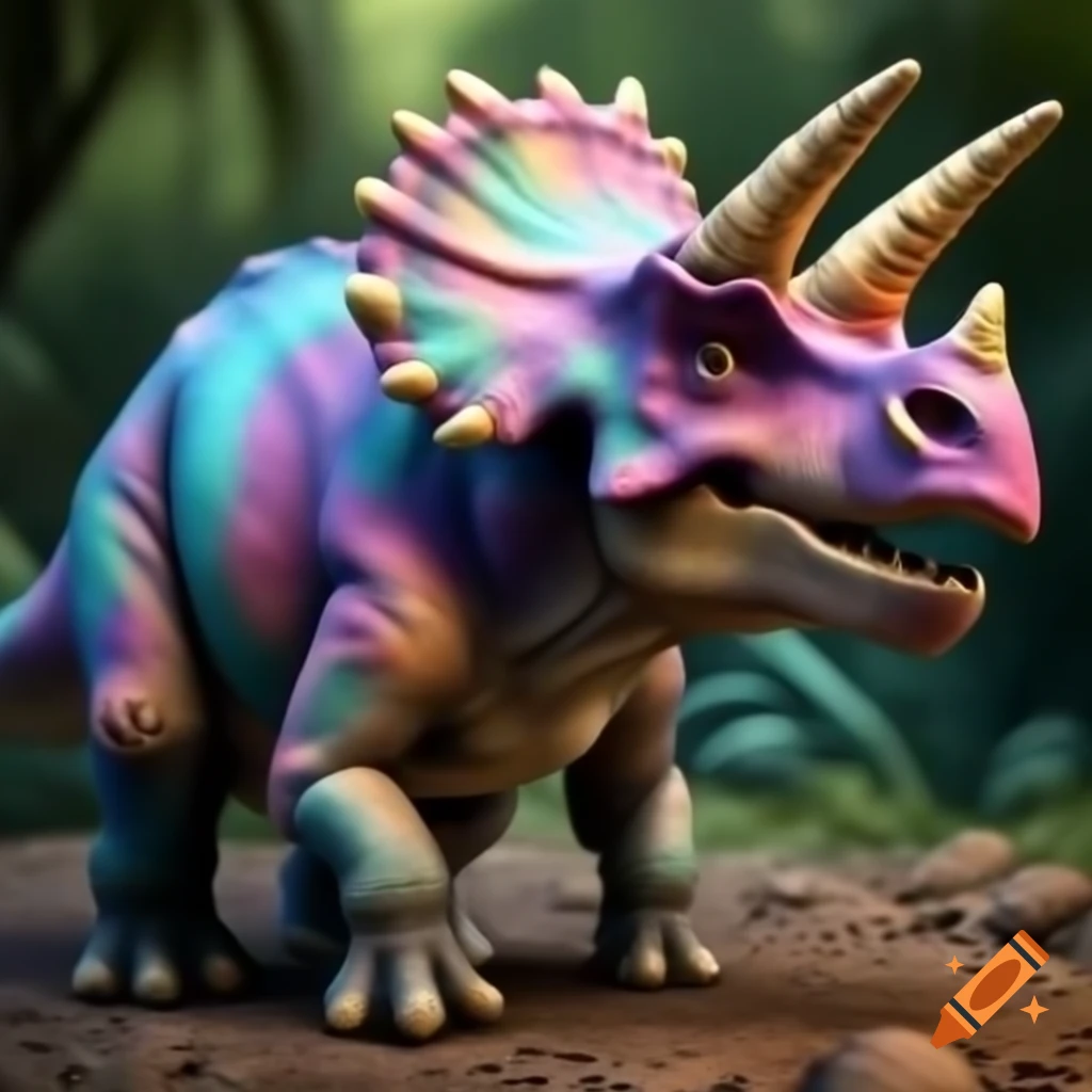 Realistic triceratops in vibrant unicorn colors