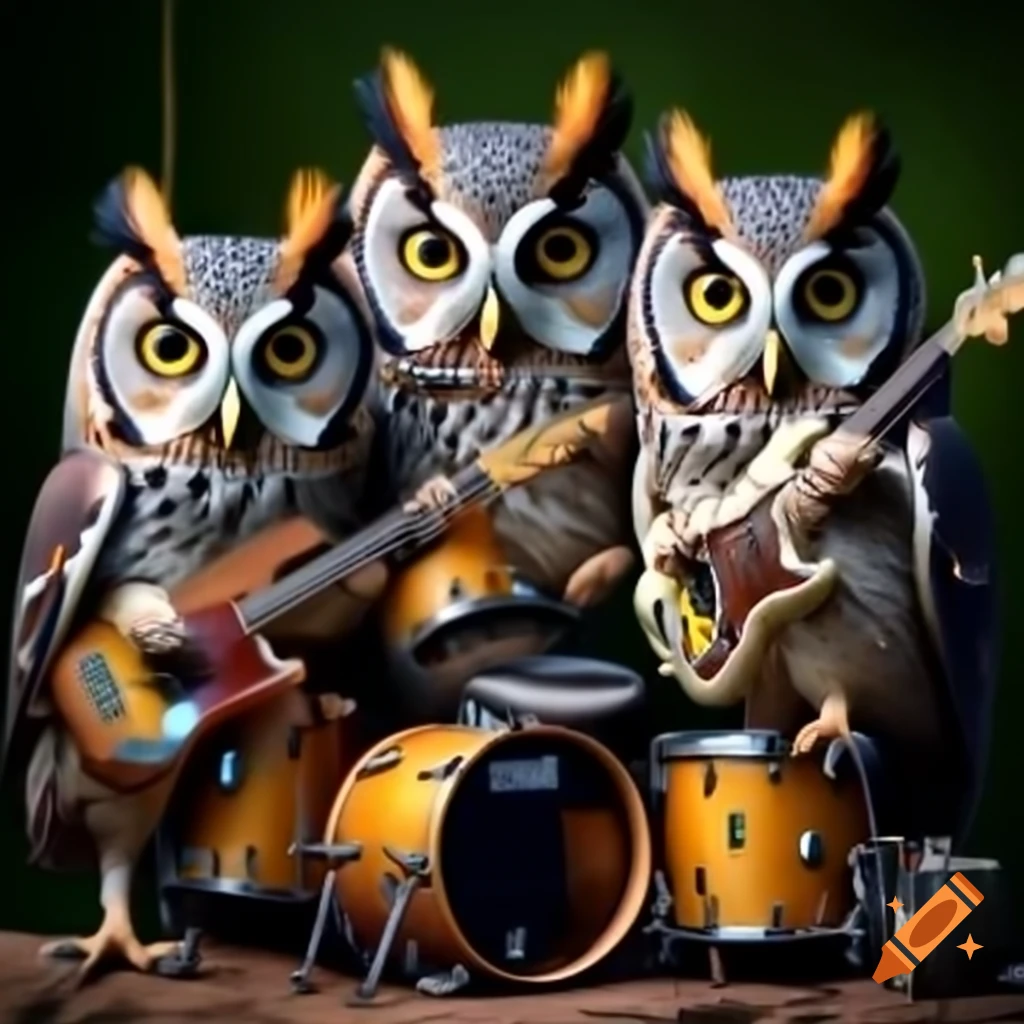 Three solar-powered owls playing guitar, bass, and drums