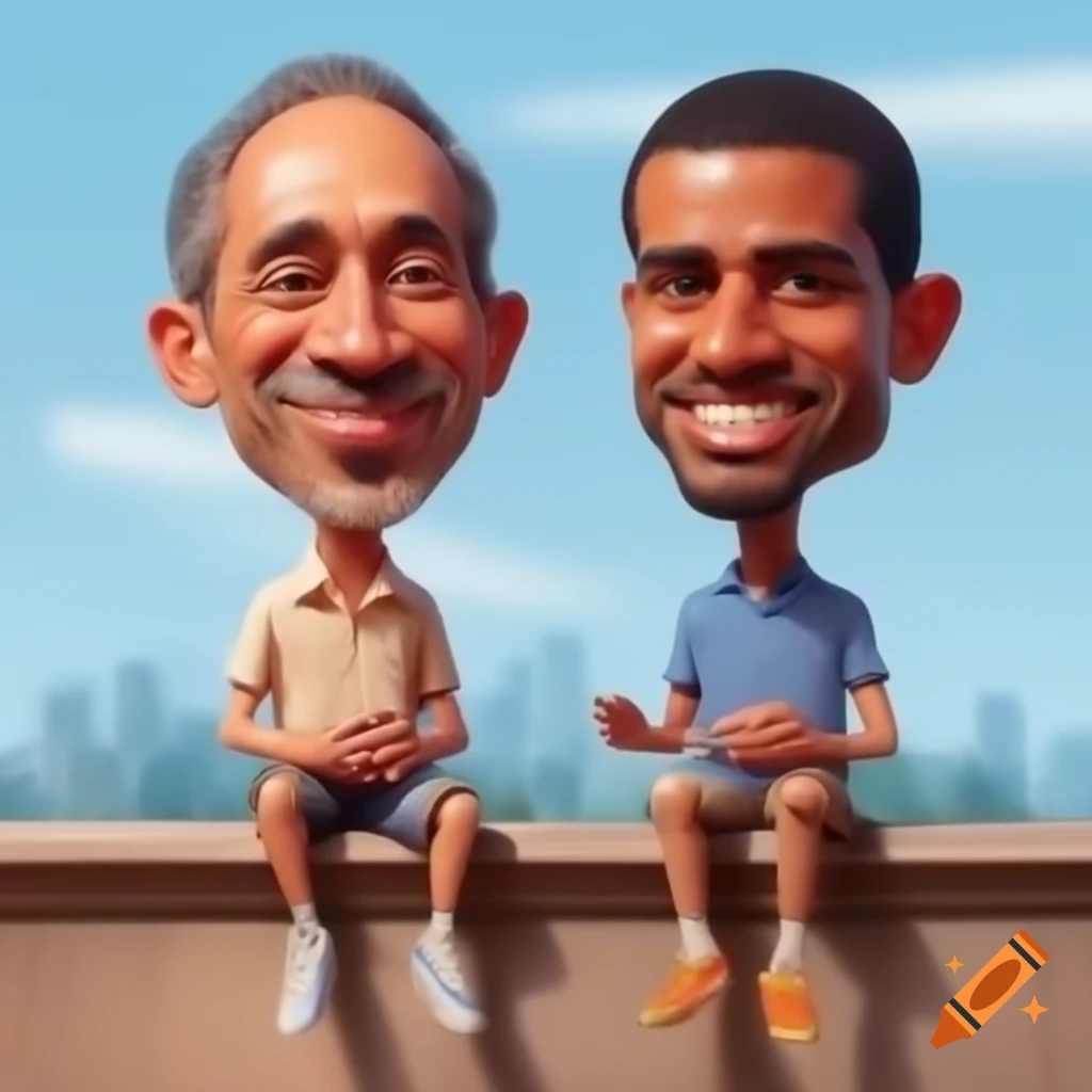 Two caricature models conversing while sitting on a ledge