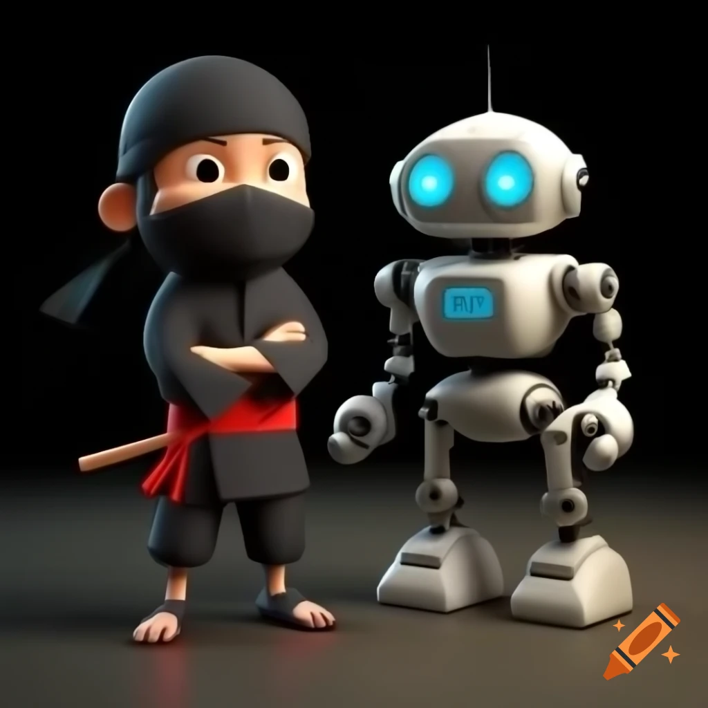 Ninja and learning robot expressing respect in 3D