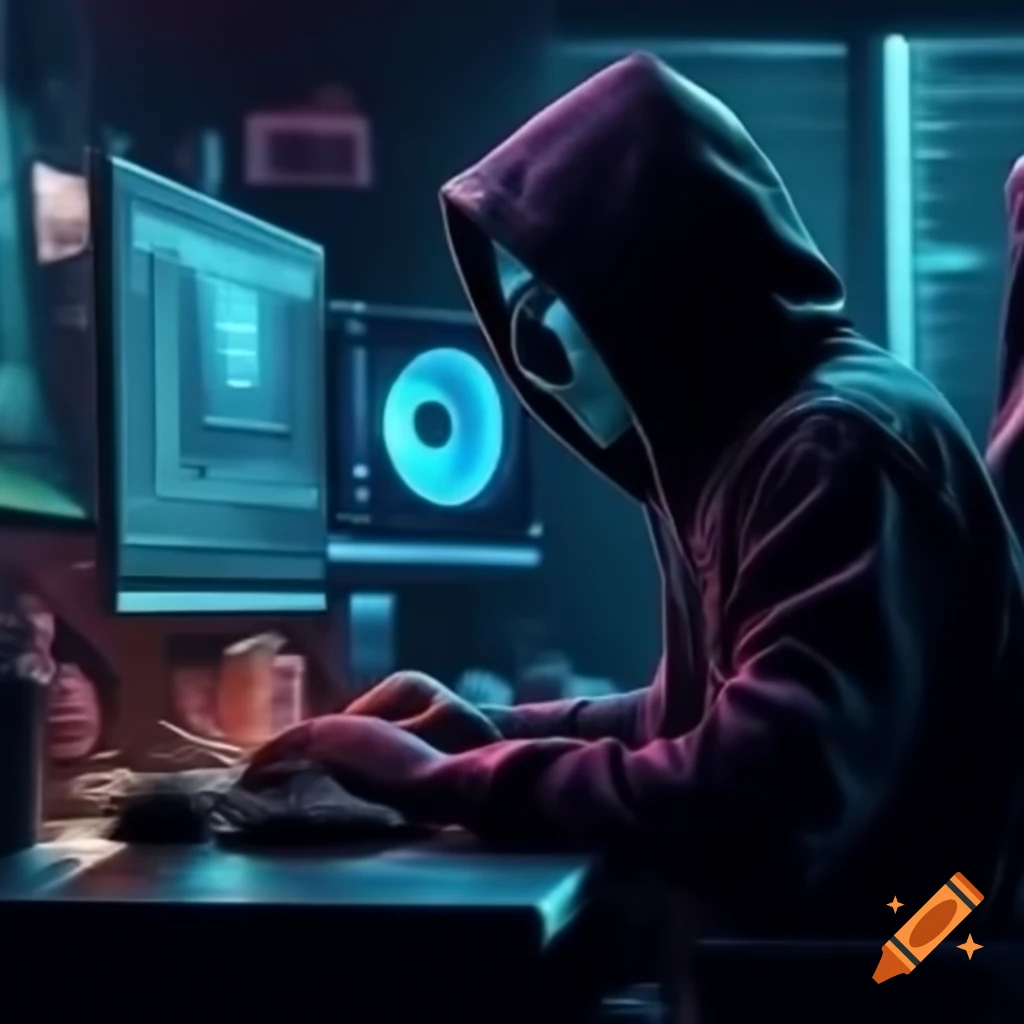 Hacker working on computer in dark room