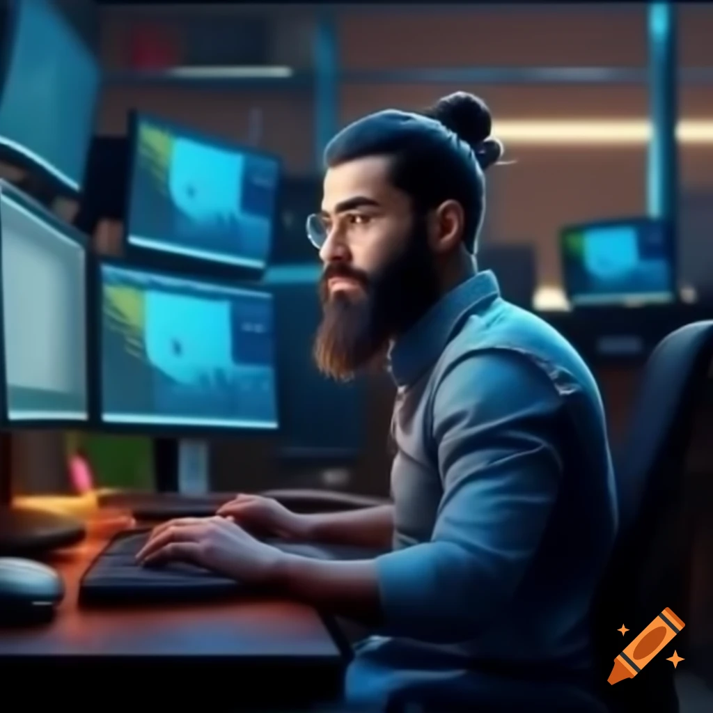 Young Muslim system administrator with beard in modern office with colorful computer systems