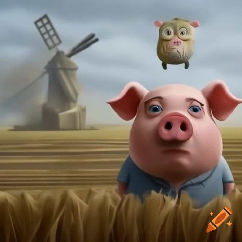 Sad crying pig next to destroyed windmill on farm